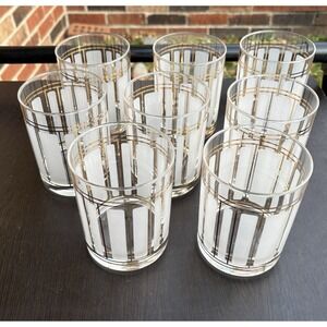 8- Vintage Culver ServeMates 12oz Low Ball Glasses Gold Lines Frosted Window